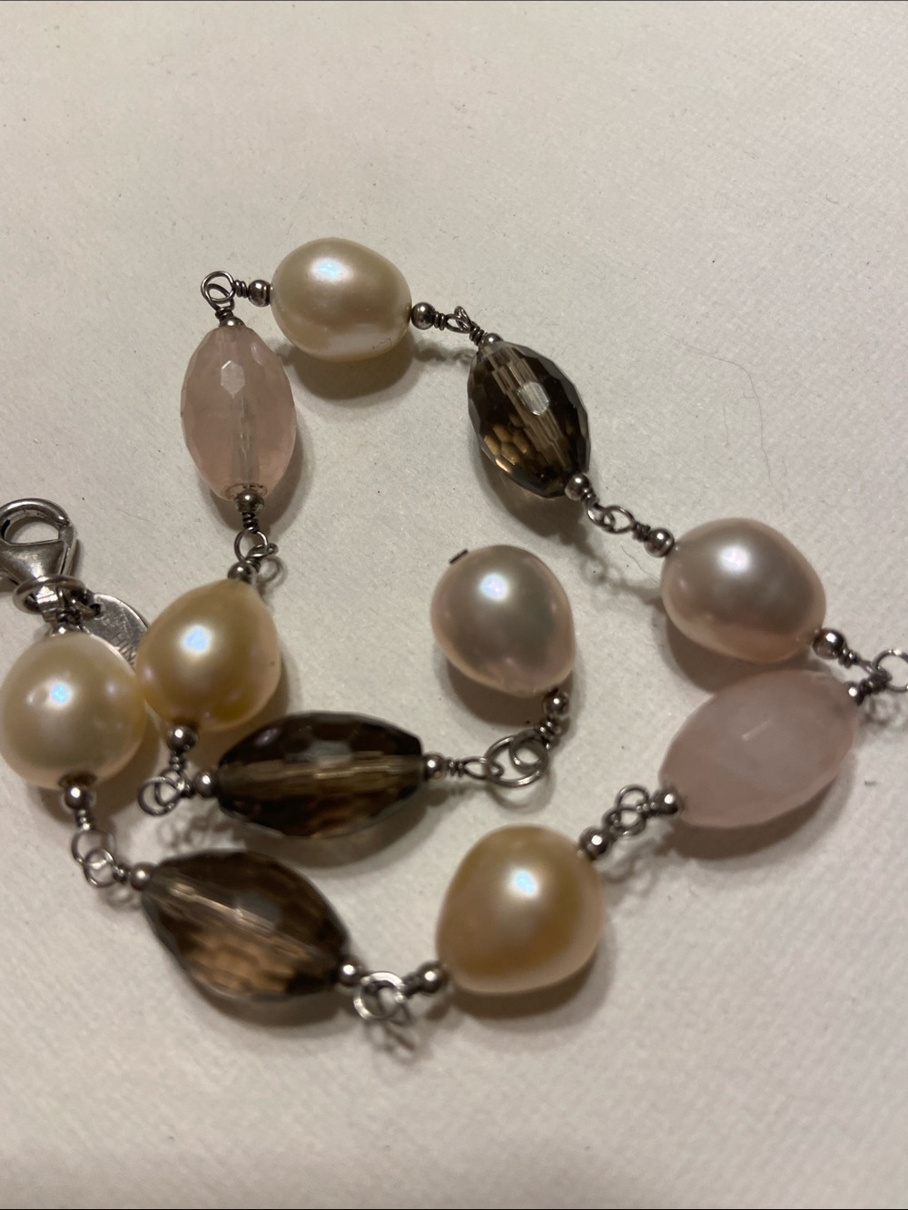 Freshwater Pearl and Smoky Quartz Bead Sterling 925 Bracelet L-8.75”